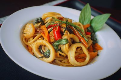 Close-up of noodles served in plate