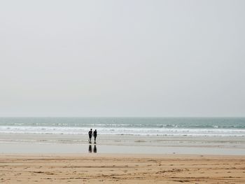 Rear view of men walking on beach against clear sky
