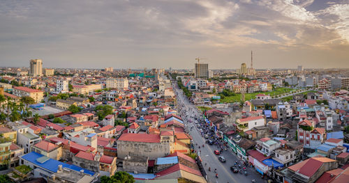 High angle view of buildings in city