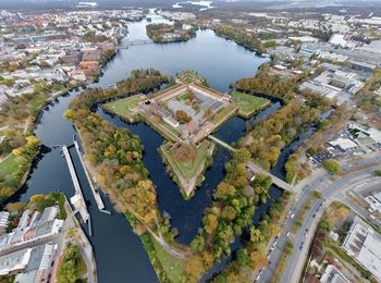 High angle view of buildings in city