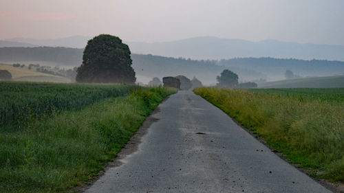 Road amidst field against sky during foggy weather