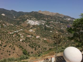 Aerial view of land and mountains against sky