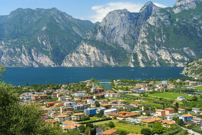 High angle view of townscape and mountains