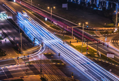 High angle view of light trails on road