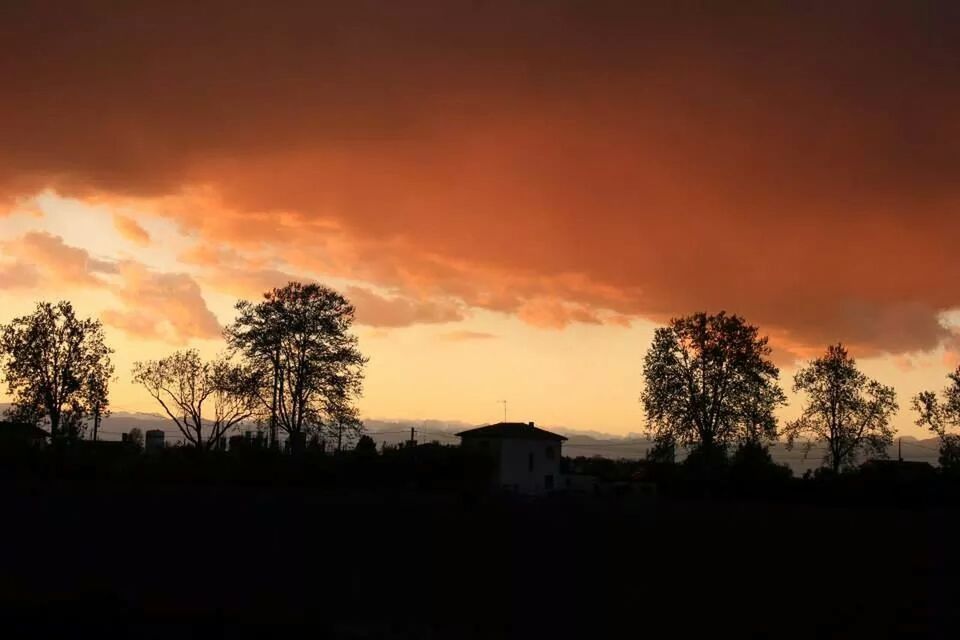 sunset, silhouette, tree, sky, building exterior, built structure, architecture, orange color, beauty in nature, scenics, tranquility, tranquil scene, cloud - sky, nature, house, palm tree, landscape, idyllic, dusk, dark