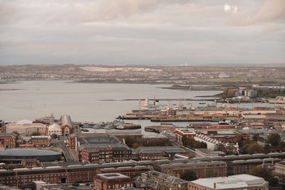 Aerial view of the city and the harbour of portsmouth, hampshire, southern england