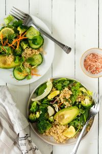 High angle view of salad in bowl on table