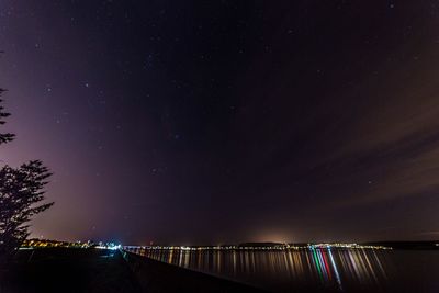 Calm lake against star field