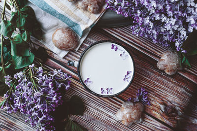 High angle view of purple flowering plant on table