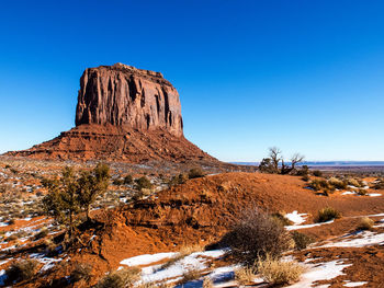 Rock formations against clear blue sky