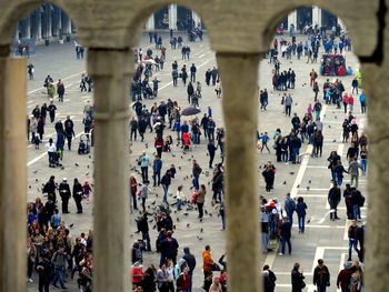 High angle view of people in corridor