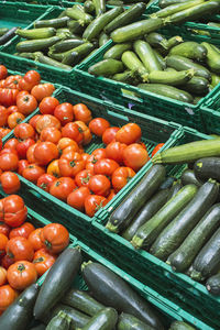 High angle view of tomatoes for sale at market stall