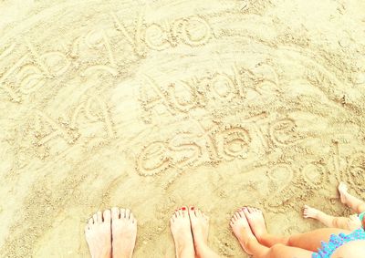 Low section of woman standing on sand at beach