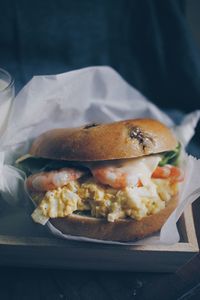 Close-up of burger in crate