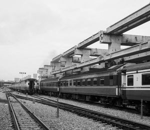 Train on railroad tracks against sky