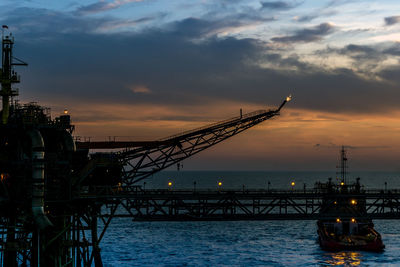 Sunset at oil field with silhouette of oil production platform at offshore oil field