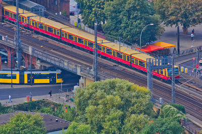 High angle view of train amidst trees
