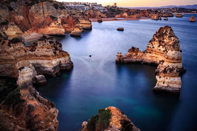 High angle view of rock formations in sea