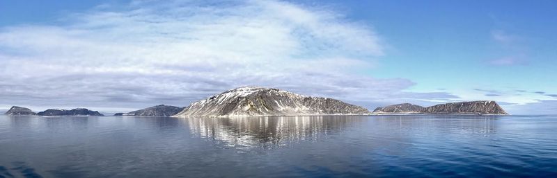 Svalbard coastline panaroma and reflection in a tranquil arctic ocean