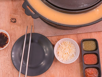 High angle view of breakfast on table