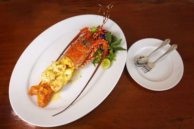 High angle view of food in plate on table