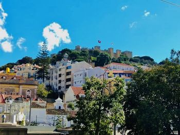 Buildings in town against blue sky