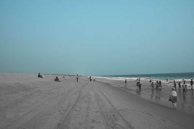 Group of people on beach against clear sky