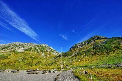 Scenic view of mountains against blue sky