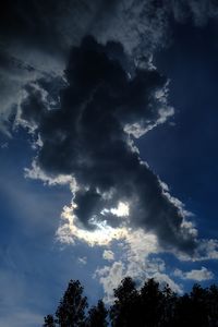 Low angle view of trees against cloudy sky