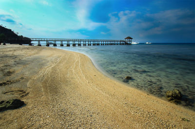 Scenic view of calm sea against cloudy sky