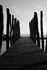 Wooden posts in sea