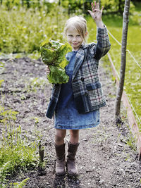 Girl holding lettuce on vegetable patch