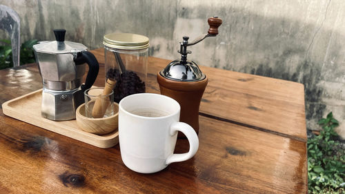 High angle view of coffee on table