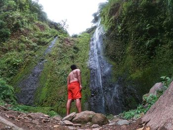 Rear view of man looking at waterfall