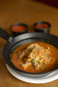 Close-up of soup in bowl on table