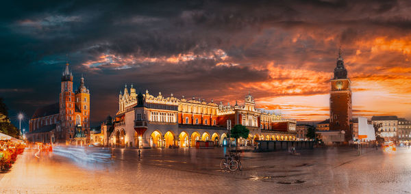 High angle view of city at sunset