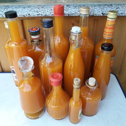 High angle view of wine bottles on table