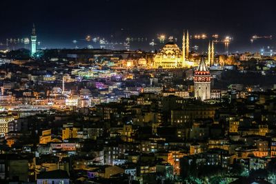 Illuminated cityscape against night