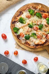 High angle view of pizza on table