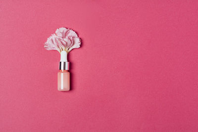 Serum in a pink bottle with carnation petals on a pink background. minimalism. 