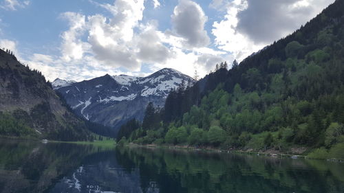 Scenic view of lake against cloudy sky