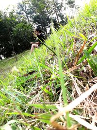 Woman in grass by tree