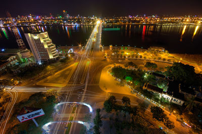High angle view of road in city at night