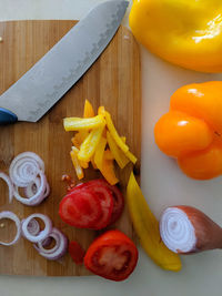 High angle view of bell peppers on table