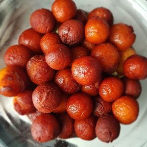 High angle view of strawberries in bowl