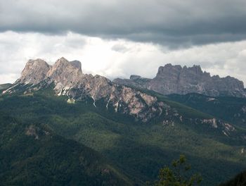 Scenic view of rocky mountains against cloudy sky