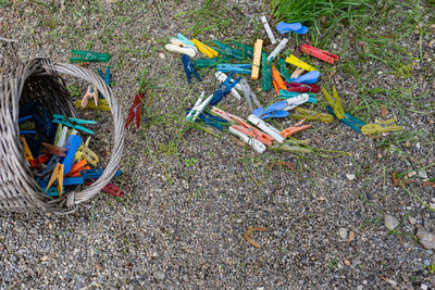 High angle view of abandoned bicycle on field