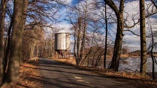 Road amidst bare trees against sky