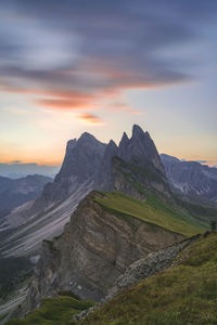 Scenic view of mountains against sky during sunset