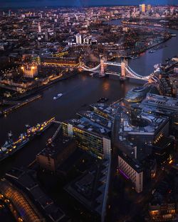 High angle view of city by river